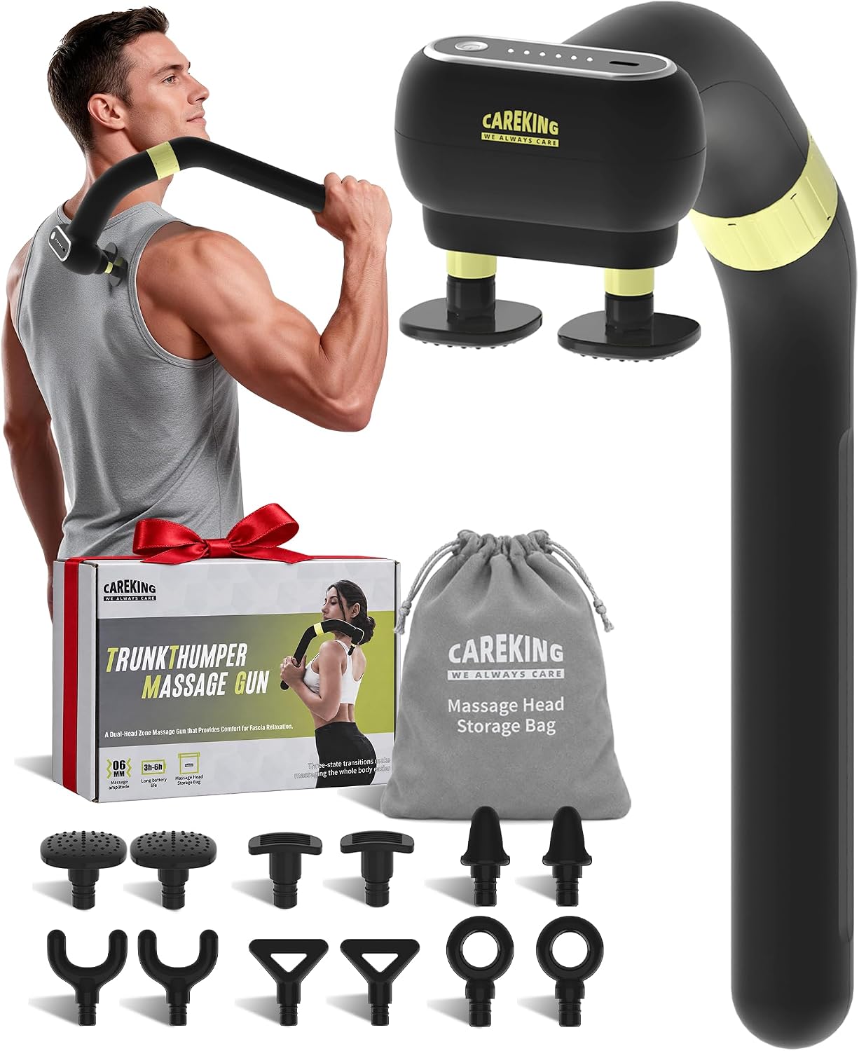 3-in-1 Muscle Massage Gun with Extension Handle, Dual Head Back Massager