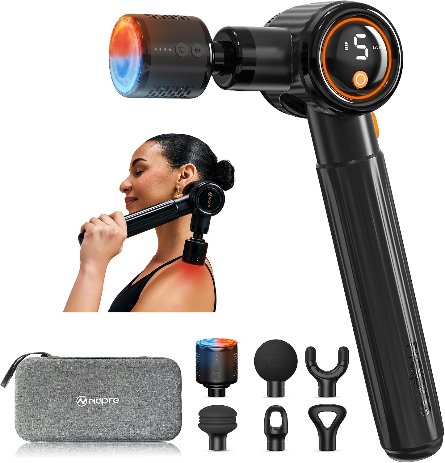 NAPRE Massage Gun with Heat and Cold, Extension Handle and 3 Adjustable Angles